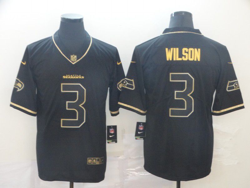 Men Seattle Seahawks #3 Wilson Black Retro gold character Nike NFL Jerseys